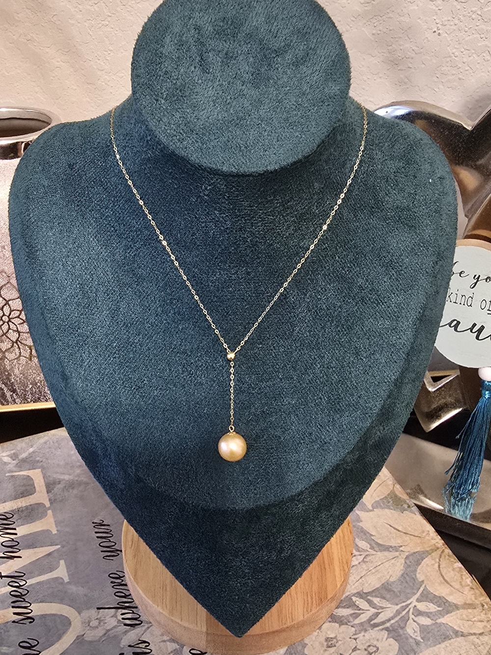 Real 18k Saudie Gold Pearl Drop Y Necklace Sliding Adjustable Chain